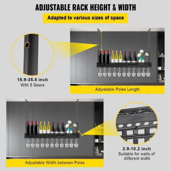 Deckenweinregal, 48-91 cm Höhe Deckenregal Weinregal, 10-26 cm Breite Wandmontage Deckenweinregal, 15 kg Tragfähigkeit Stemware Holder Decke Dekoration Regal, 33 Tassen Gläser Weinglashalter – Bild 4