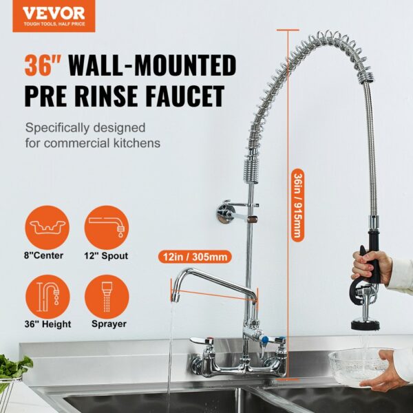 Kommerzieller Wasserhahn mit Vorspülbrause, 915  Höhe, 30,5 cm Schwenkauslauf, Küchenspülenarmatur zur Wandmontage, Gerät aus Messing mit Ausziehbarer Brause, für 1/2/3-Fach-Spüle – Bild 2