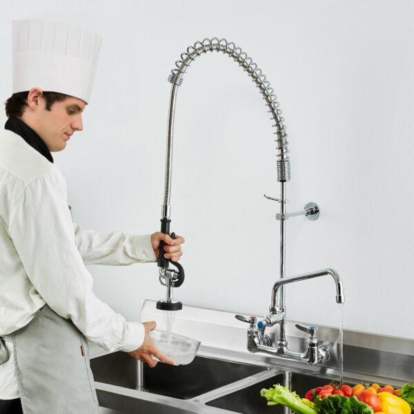 Kommerzieller Wasserhahn mit Vorspülbrause, 915  Höhe, 30,5 cm Schwenkauslauf, Küchenspülenarmatur zur Wandmontage, Gerät aus Messing mit Ausziehbarer Brause, für 1/2/3-Fach-Spüle – Bild 8