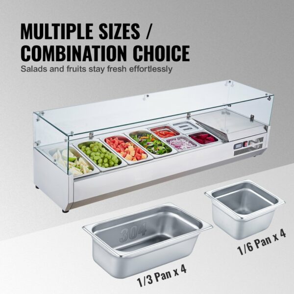 Gekühlte Gewürzstation für die Arbeitsplatte, Zubereitungsstation mit 4 x 1/3 Pfanne & 4 x 1/6 Pfannen, Korpus aus Edelstahl 304 und Deckel aus PC, Sandwich-Zubereitungstisch Glasschützer 155 W – Bild 3