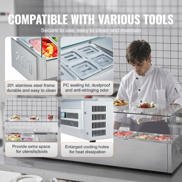Gekühlte Gewürzstation für die Arbeitsplatte, Zubereitungsstation mit 4 x 1/3 Pfanne & 4 x 1/6 Pfannen, Korpus aus Edelstahl 304 und Deckel aus PC, Sandwich-Zubereitungstisch Glasschützer 155 W – Bild 6