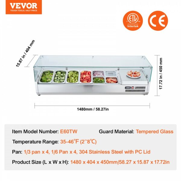 Gekühlte Gewürzstation für die Arbeitsplatte, Zubereitungsstation mit 4 x 1/3 Pfanne & 4 x 1/6 Pfannen, Korpus aus Edelstahl 304 und Deckel aus PC, Sandwich-Zubereitungstisch Glasschützer 155 W – Bild 7