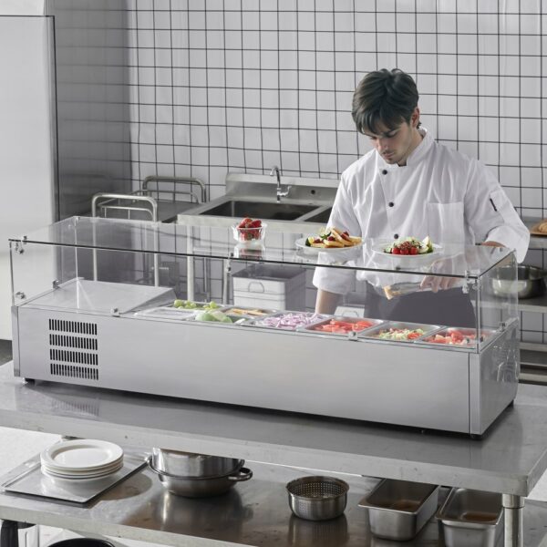 Gekühlte Gewürzstation für die Arbeitsplatte, Zubereitungsstation mit 4 x 1/3 Pfanne & 4 x 1/6 Pfannen, Korpus aus Edelstahl 304 und Deckel aus PC, Sandwich-Zubereitungstisch Glasschützer 155 W – Bild 8