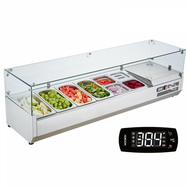 Gekühlte Gewürzstation für die Arbeitsplatte, Zubereitungsstation mit 4 x 1/3 Pfanne & 4 x 1/6 Pfannen, Korpus aus Edelstahl 304 und Deckel aus PC, Sandwich-Zubereitungstisch Glasschützer 155 W
