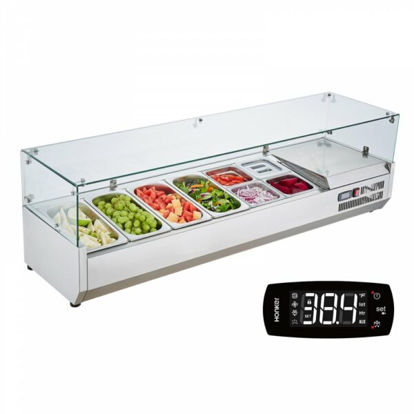 Gekühlte Gewürzstation für die Arbeitsplatte, Zubereitungsstation mit 4 x 1/3 Pfanne & 4 x 1/6 Pfannen, Korpus aus Edelstahl 304 und Deckel aus PC, Sandwich-Zubereitungstisch Glasschützer 155 W – Bild 10