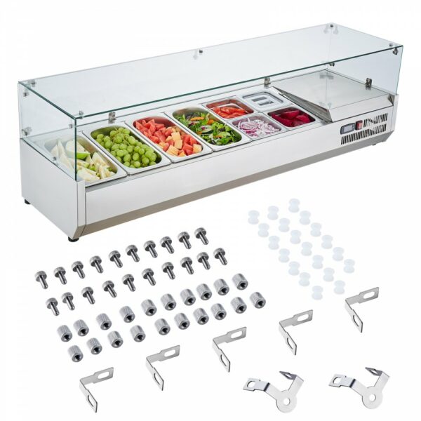 Gekühlte Gewürzstation für die Arbeitsplatte, Zubereitungsstation mit 4 x 1/3 Pfanne & 4 x 1/6 Pfannen, Korpus aus Edelstahl 304 und Deckel aus PC, Sandwich-Zubereitungstisch Glasschützer 155 W – Bild 9