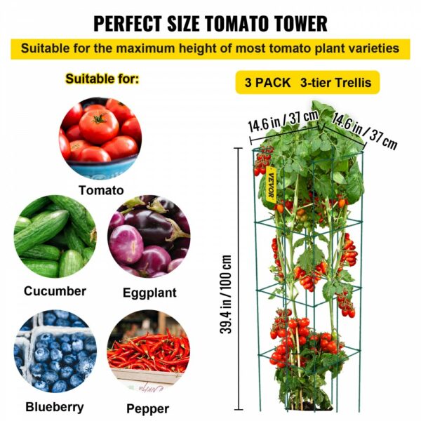 Tomatenkäfige, Pflanzenstützkäfige, 3er-Pack, quadratischer Stahl, 3,3 Fuß, Grün für den Garten – Bild 3