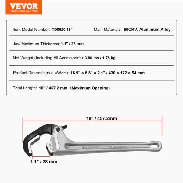 Alu Gerade Rohrzange 457mm Automatische Backeneinstellung 60CRV Backe – Bild 7